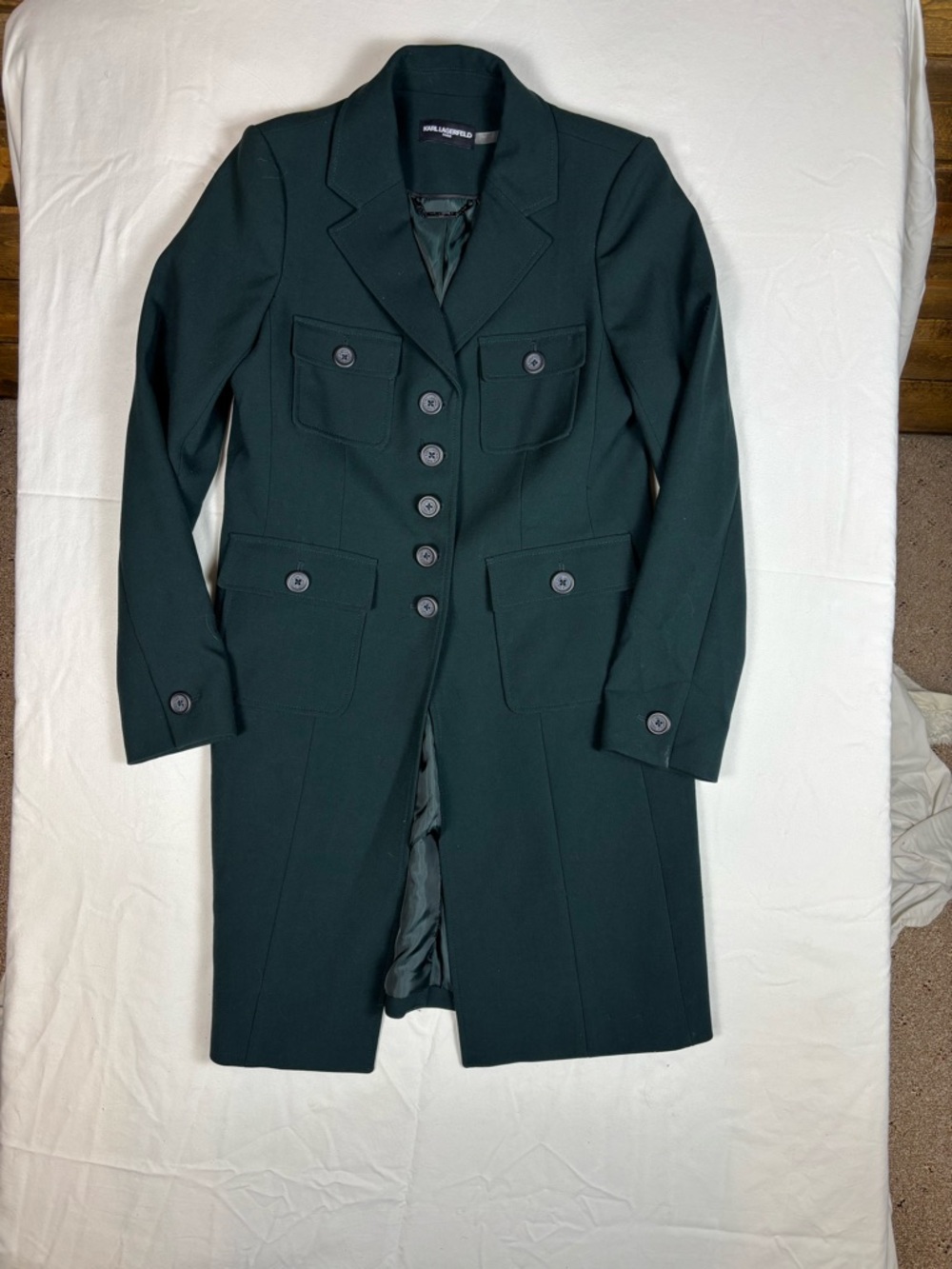 Karl Lagerfeld Paris Womens Small Forest Green Military Style Coat Tailored Long